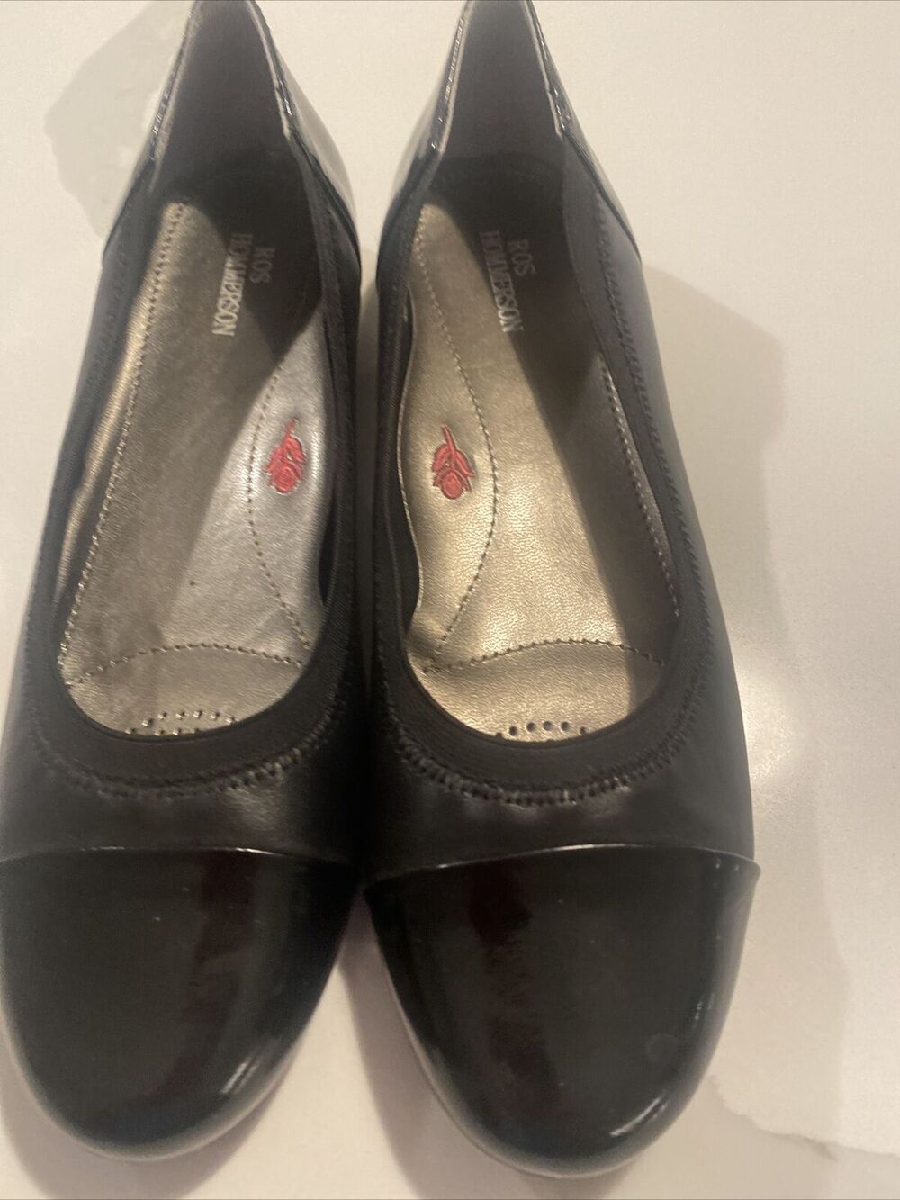Ros Hommerson Rebecca Cap Toe Flat Black Leather Patent Slip-on Flats 8 N